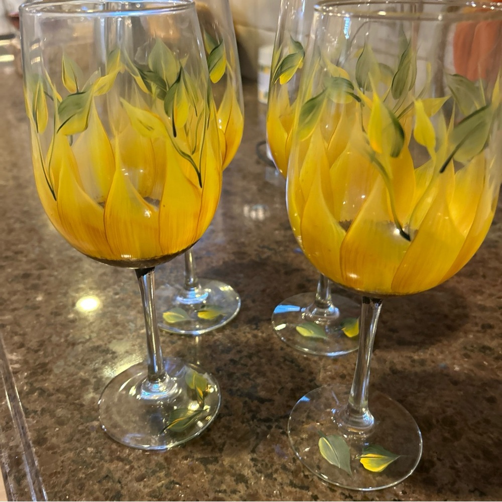 Hand-Painted Yellow Floral Wine Glasses